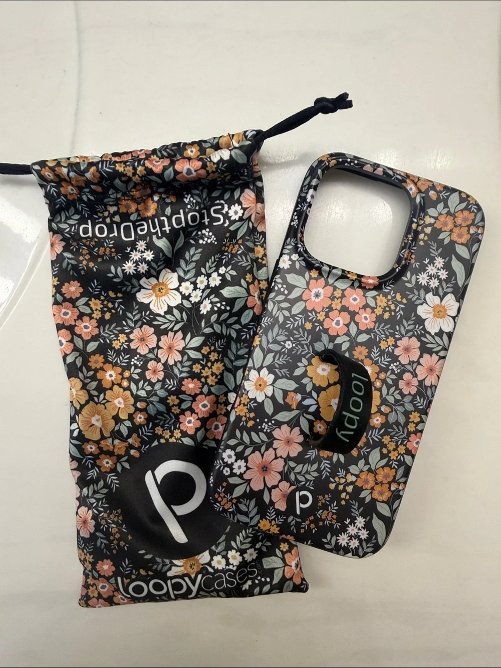 Loopy Case Black Floral Phone Case with Peach & White Flowers